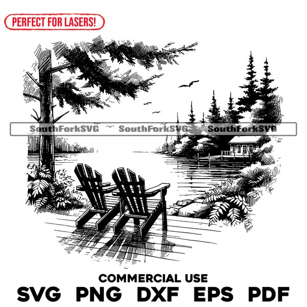 Laser Engrave File Lake Adirondack Chairs Scene svg png dxf eps pdf | vector graphic design cut print dye sub cnc digital commercial use