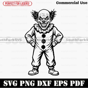 Diseño de payaso espeluznante, SVG, PNG, DXF, EPS, PDF / Diseño gráfico vectorial transparente, corte, impresión, sublimación de tinta, grabado láser, archivos, uso comercial