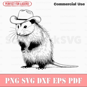 Opossum Cowboy Hat svg png dxf eps pdf | Fichiers d'impression découpés au laser, image vectorielle clipart | Téléchargement instantané, utilisation commerciale
