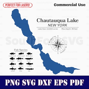 Kaartgegevens Chautauqua Lake New York, vissoorten | Klaar voor lasersnijden CNC-kleurstofsubstraat | svg png dxf eps pdf | Directe download voor commercieel gebruik