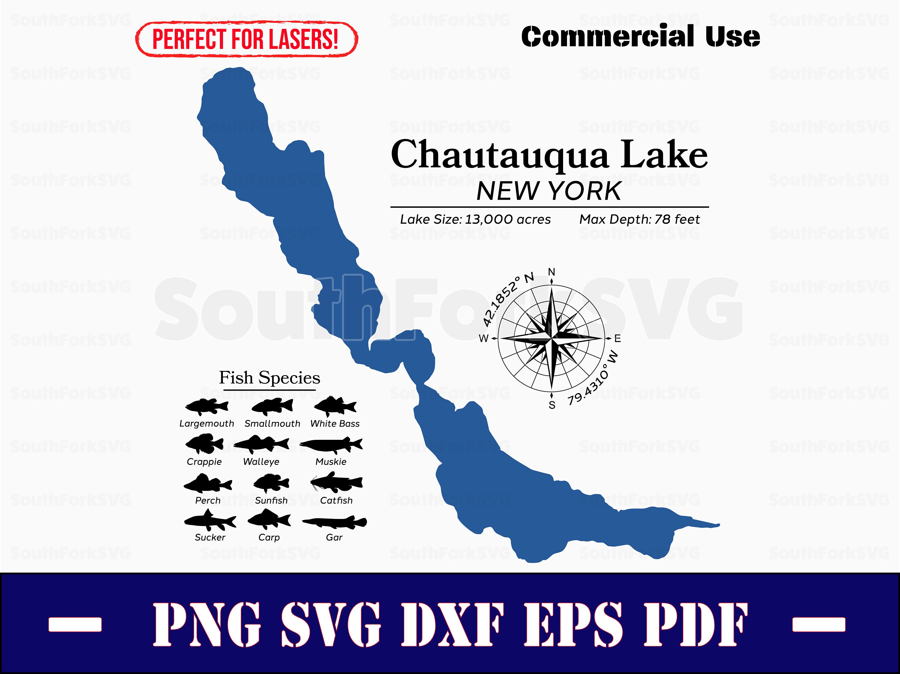 Chautauqua Lake New York Map Data, Fish Species | Laser Ready CNC Print Dye  Sub | svg png dxf eps pdf | Instant Download Commercial Use