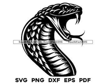 May include: A monochrome illustration of a snake with an open mouth, revealing fangs. The snake is depicted in a dynamic pose, head raised and body curved. The image includes the text "SVG PNG DXF EPS PDF".
