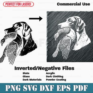 Op de afbeelding: Zwart-witte illustratie van een hond die een vogel in zijn bek draagt. De afbeelding is geschikt voor gebruik op donkere materialen zoals leisteen, glas en donkere kleding.