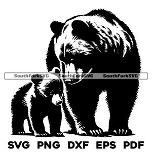 Puede incluir: Ilustración en blanco y negro de una osa y su osezno. La osa está de pie junto a su cachorro. La imagen incluye el texto "SVG PNG DXF EPS PDF".