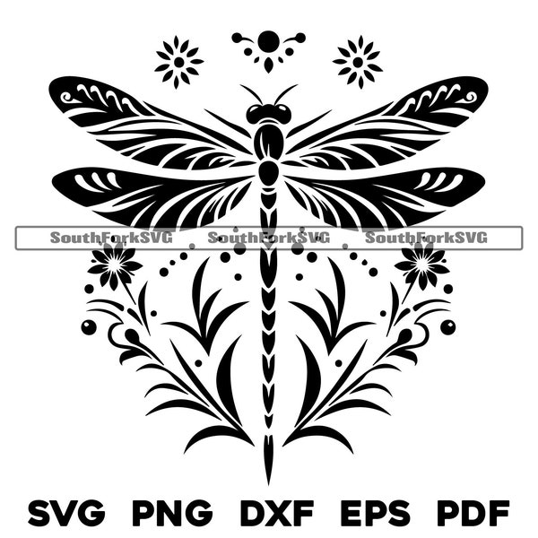 Dragonfly Floral Pattern svg png dxf eps pdf | laser engrave cut print vector graphic clip art | instant digital download commercial use