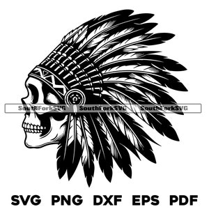 May include: Black and white silhouette of a skull wearing a headdress with feathers. The skull is facing to the left and the headdress is on the right side of the skull. The headdress has many feathers that are all pointing upwards.