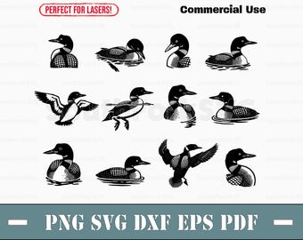 May include: A set of ten black and white illustrations of a loon, a type of diving bird. The loon is depicted in various poses, including swimming, flying, and diving. The illustrations are perfect for use in crafts, scrapbooking, and other creative projects.