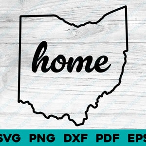 May include: Black and white outline of the state of Ohio with the word "home" written in a cursive font inside the state.
