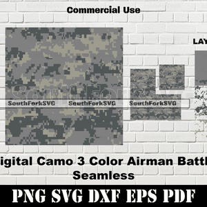 May include: Digital camouflage pattern in three colors, gray, green, and brown. The pattern is seamless and can be used for commercial purposes. The image includes the text "SouthForkSVG" and "LAYERED".