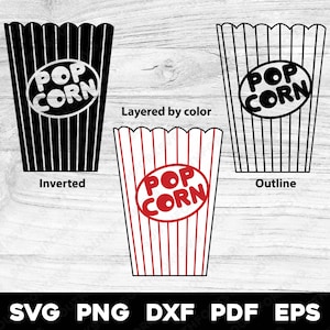 Pop Corn Box bundel svg png dxf pdf eps gelaagd op kleur gesneden bestand clip art vectorafbeelding bioscoop film nacht fastfood datum schattig pictogram