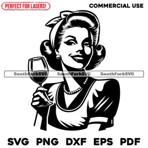 Vintage wijn drinken vrouw svg png dxf eps pdf-bestanden | Gesneden print lasergravure CNC kleurstof vinyl | Directe download voor commercieel gebruik