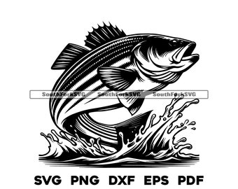 Striped Bass, Striper Jumping 1 | svg png dxf eps pdf transparent vector graphic design cut print dye sub laser engrave files commercial use