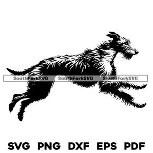 Könnte beinhalten: Schwarz-weiße Silhouette eines laufenden Bloodhound-Hundes. Der Hund befindet sich in der Luft mit ausgestreckten Beinen.