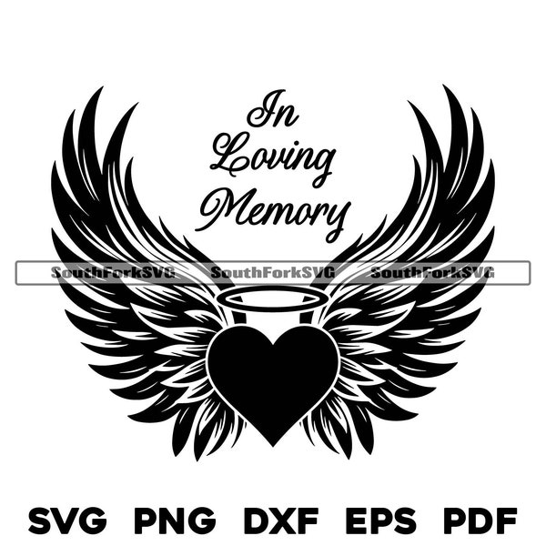 In Loving Memory Angel Wings Heart 2 | svg png dxf eps pdf | vector graphic cut file laser clip art instant digital download commercial use