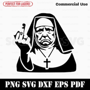 May include: Black and white illustration of a nun giving the middle finger. She is wearing a habit and a cross necklace.