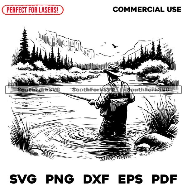 Laser Engrave Files Fly Fisherman Scene svg png dxf eps pdf | transparent vector graphic design cut print dye sub commercial use