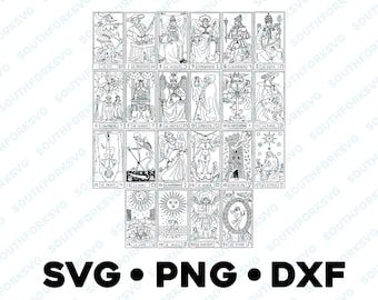 May include: A set of 22 black and white tarot cards with images of various figures and symbols. The cards are numbered 1 through 22 and have French titles.