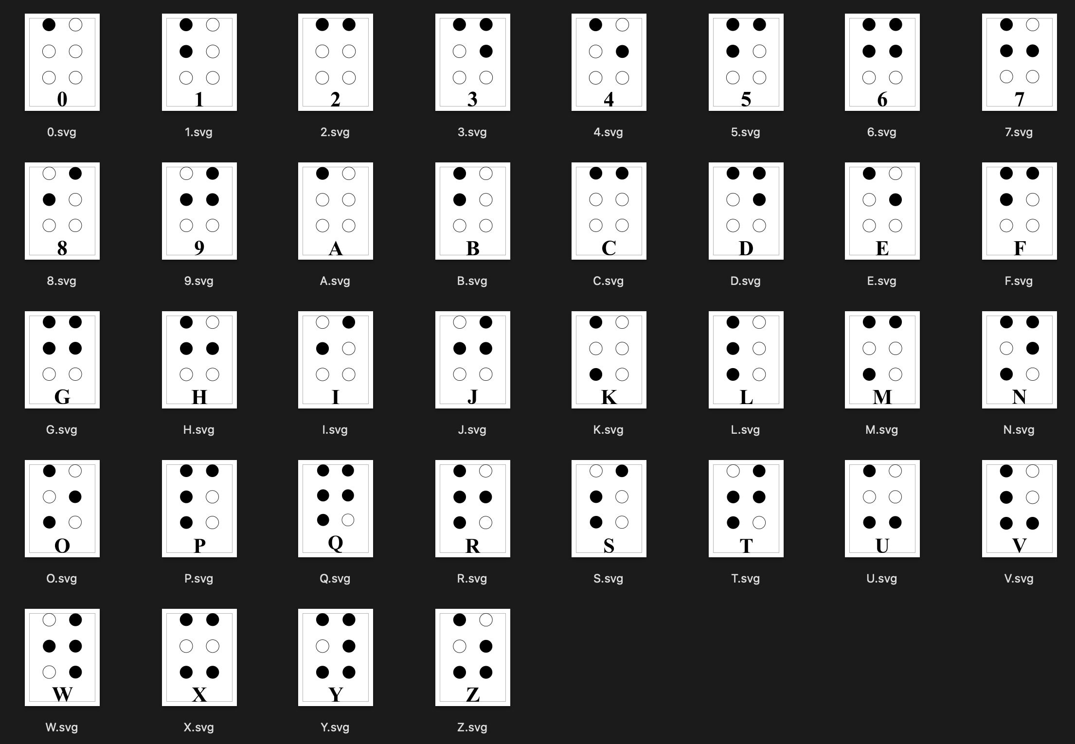 英語点字アルファベットと数字0-9 SVG PNG DXF ベクターグラフィック