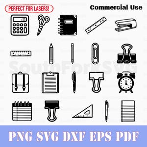 Fournitures scolaires et de bureau simples SVG Bundle svg png dxf eps pdf | Illustration vectorielle découpée, impression, teinture, gravure laser, clip art, utilisation commerciale
