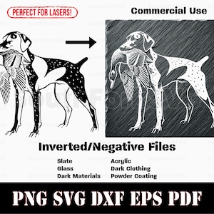 Op de afbeelding: Zwart-witte illustratie van een Duitse Korthaar-hond die een eend in zijn bek draagt. De afbeelding is perfect voor lasersnijden en bevat omgekeerde/negatieve bestanden voor gebruik op donkere materialen.