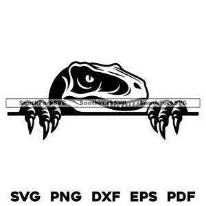 May include: Black and white silhouette of a velociraptor dinosaur peeking over a surface. The dinosaur's head and claws are visible.