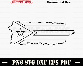 May include: A black and white outline of the island of Puerto Rico with the Puerto Rican flag design inside. The flag has a white star in a blue triangle and five red and white stripes.