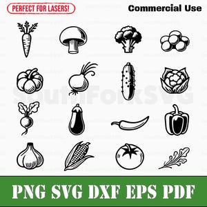 Eenvoudige groentepictogrammen bundel svg png dxf eps pdf | vectorafbeelding knippen afdrukken kleurstof sub laser graveren illustraties commercieel gebruik