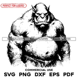 May include: Black and white line art illustration of a large, muscular, humanoid creature with a large snout and tusks. The creature is depicted in a standing pose with its arms crossed over its chest.