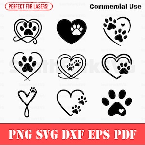Hondenpootafdruk hart ontwerpen bundel svg png dxf eps pdf | vectorafbeelding knippen afdrukken kleurstof sub laser graveren illustraties commercieel gebruik