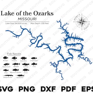 May include: A blue outline map of Lake of the Ozarks in Missouri. The map shows the lake's shape and includes a compass rose and a key with fish species found in the lake. The text "Lake of the Ozarks" and "Missouri" are at the top of the map. The text "Lake Size: 54,000 acres" and "Max Depth: 130 feet" are below the map. The text "SVG PNG DXF PDF EPS" is at the bottom of the map.