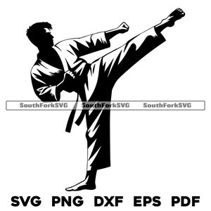 Könnte beinhalten: Eine schwarz-weiße Silhouette einer Person in einer Karate-Pose, mit einem erhobenen Bein und dem anderen Bein auf dem Boden. Die Person trägt einen Karate-Anzug mit einem Gürtel.
