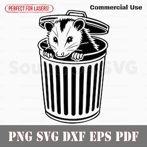 Gambá na lata de lixo svg png dxf eps pdf | design de gráficos vetoriais corte impressão sublimação de tinta gravação a laser arquivos digitais uso comercial
