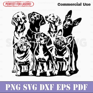 Groep honden | svg png dxf eps pdf | vectorafbeelding snijbestand laserclipart | direct digitaal downloaden voor commercieel gebruik