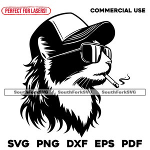 Gorra de camionero con diseño de gato esmoquin y salmonete svg png dxf eps pdf / diseño gráfico vectorial corte impresión sublimación láser cnc archivos digitales uso comercial