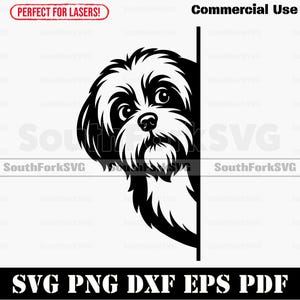 May include: Black and white graphic of a dog peeking from behind a vertical line. The dog has fluffy fur and a curious expression. Text includes "Commercial Use" and "SVG PNG DXF EPS PDF".