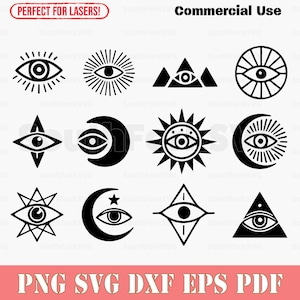 Oeil qui voit tous, mauvais yeux Bundle svg png dxf pdf eps | Conception graphique vectorielle découpée, impression, teinture, sub, gravure laser, fichier numérique, utilisation commerciale