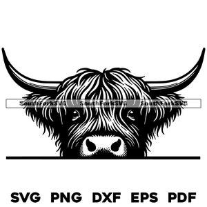 覗くハイランド牛の頭 | svg png dxf eps pdf | 透明なベクターグラフィックデザインカットプリントダイサブレーザー彫刻ファイル商用利用