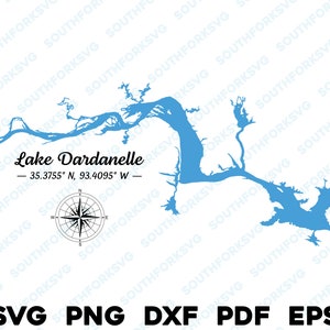 Lago Dardanelle Arkansas Mapa Forma Silueta svg png dxf pdf eps vector diseño gráfico corte grabado archivo láser imagen lago con botes