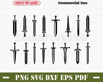 May include: A set of 14 black sword silhouettes, perfect for crafting projects.  The swords are in various styles, including a dagger, a broadsword, and a longsword.
