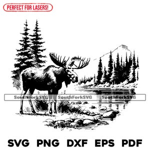 Moose River scène lasergraveren bestanden svg png dxf eps pdf vector grafisch ontwerp knippen print dye sub cnc digitale bestanden commercieel gebruik