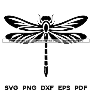 Op de afbeelding: Zwarte en witte silhouet van een libel met ingewikkelde vleugeldetails.