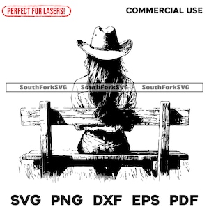 Cowgirl auf einer Bank Gazing Laser Gravur Dateien svg png dxf eps pdf Vektorgrafik Cut Print Dye sub digitale Dateien kommerzielle Nutzung