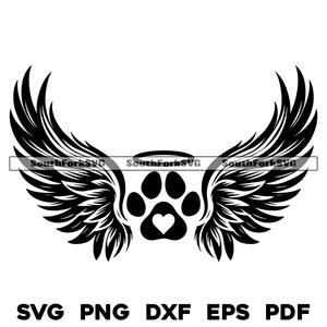 Ailes d'ange avec halo et empreinte de patte coeur svg png dxf eps pdf | Image vectorielle fichier découpé laser clip art téléchargement numérique instantané utilisation commerciale