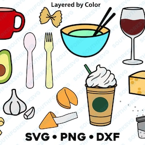 Pacote de ícones de comida e cozinha SVG PNG DXF em camadas por arquivo de corte de cor Clip Art gráfico vetorial | Cozinhar Chef Copo De Vinho Café Garfo Colher Queijo