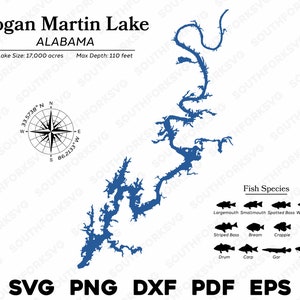 Kaartgegevens Logan Martin Lake Alabama, vissoorten | Klaar voor lasersnijden CNC-kleurstofsubstraat | svg png dxf eps pdf | Directe download voor commercieel gebruik