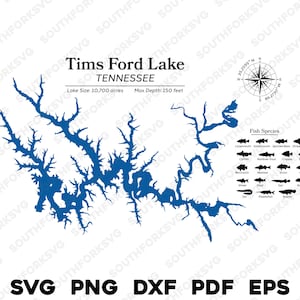 Tims Ford Lake Tennessee kaartgegevens vissoorten, lasergereed CNC-kleurstofsubstraat | svg png dxf eps pdf | Directe download voor commercieel gebruik