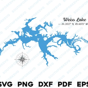 Weiss Lake Alabama Mappa Forma Silhouette svg png dxf pdf eps disegno grafico vettoriale taglio incisione laser file immagine barca casa sul lago
