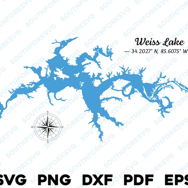 Weiss Lake Alabama Map Shape Silhouette svg png dxf pdf eps vector graphic design cut engraving laser file image boat lake house