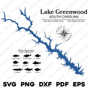 Lake Greenwood South Carolina Map Data, Fish Species | Laser Ready CNC Print Dye Sub | svg png dxf eps pdf | Instant Download Commercial Use