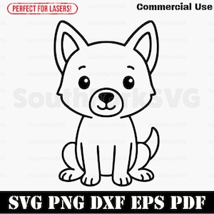 Puede incluir: Ilustración de un perro de dibujos animados en blanco y negro. El perro está sentado con la cola enroscada. La imagen incluye el texto "Commercial Use" y "SVG PNG DXF EPS PDF". También se incluye el texto "PERFECT FOR LASERS!".